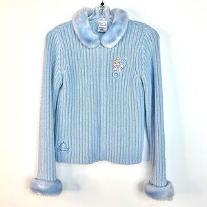 VTG Disney Store Blue Sparkle Knit Fur Collar Cinderella Princess Zip Cardigan L